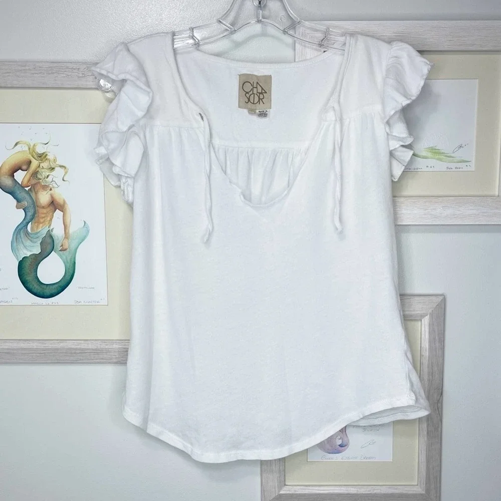 Chaser White Cotton Flutter Sleeve Tee Shirt Size Extra Small